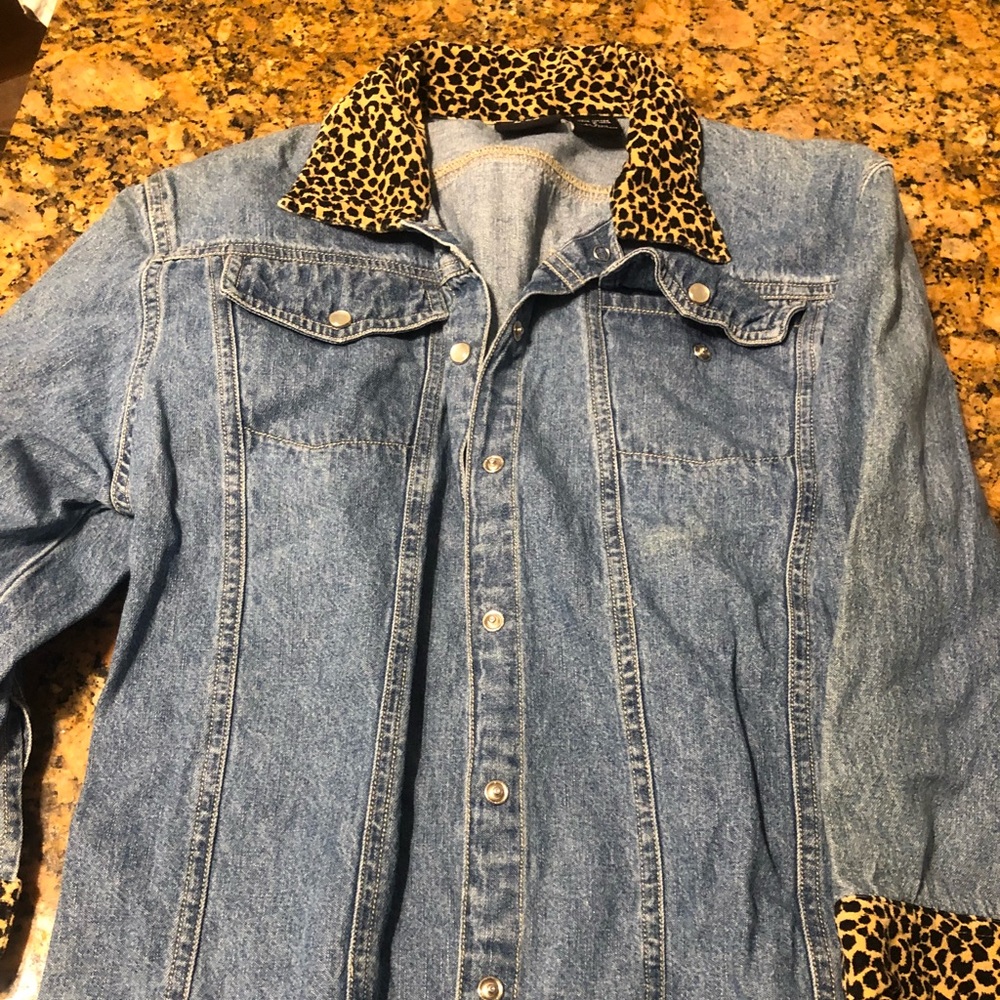 1990s leopard blue Jean jacket snap button large